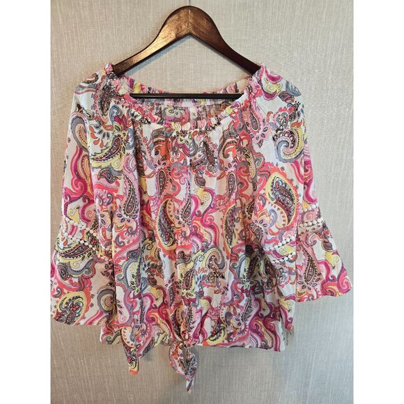 NY Collection Paisley Print Off-Shoulder Top Bell Sleeves Crochet Size 2X New - Picture 1 of 14